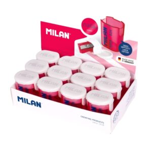 Milan Nata® 624 Expositor de 12 Sacapuntas con Deposito - Cuchilla de Acero - Color Blanco/Rosa
