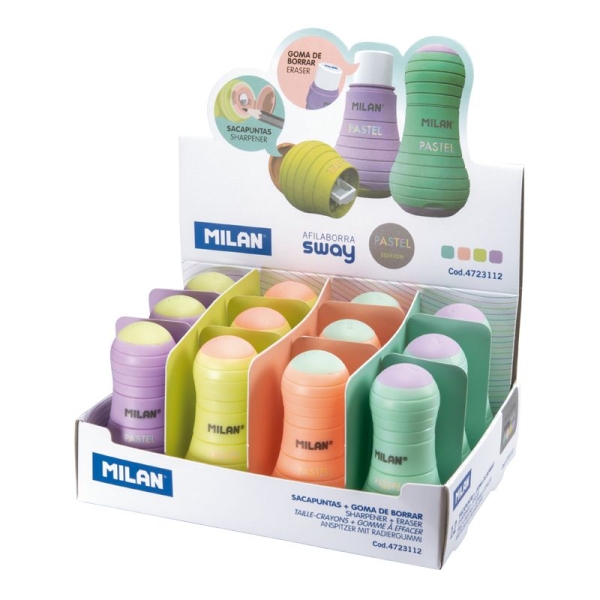 Milan Sway Pastel Expositor de 12 Afilaborras con Goma de Borrar - Sacapuntas Con Deposito y Cuchilla de Seguridad - Colores Surtidos