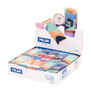 Milan The Fun Nata 320 Expositor con 20 Goma de Borrar Rectangular - Caucho Sintetico - Envuelta Individualmente - Faja y Goma de Varios Colores
