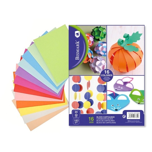 Bismark Pack de 16 Cartulinas 180 g/m² - Tamaño 24 x 32cm - Colores Surtidos
