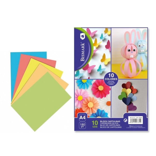 Bismark Pack de 10 Cartulinas 180 g/m² - Tamaño A4 - Colores Surtidos