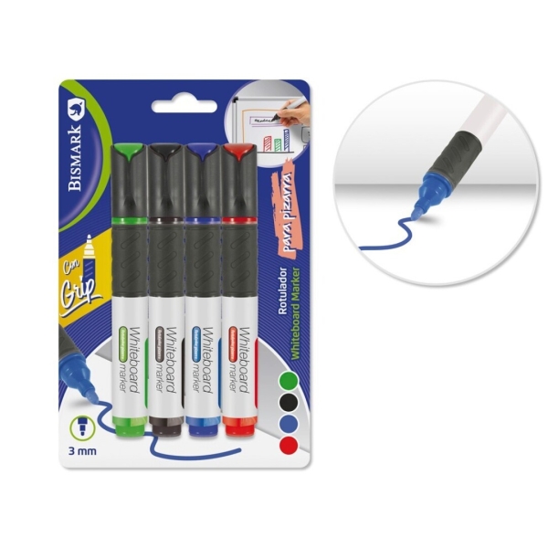 Bismark Pack de 4 Rotuladores para Pizarra Blanca con Grip - Punta Redonda 3mm - Colores Surtidos