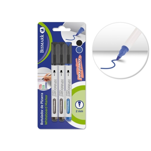 Bismark Pack de 3 Rotuladores para Pizarra Blanca - Punta Redonda 2mm - Colores Negro y Azul