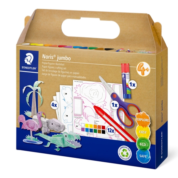 Staedtler Noris Junior Conjunto de Manualidades Pack de 9 Cera Jumbo Noris + Barra de Pegamento + Tijeras + 4 Plantillas para Manualidades - Colores Surtidos
