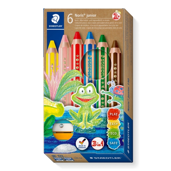 Staedtler Noris Junior Pack de 6 Lapices de Colores Extragruesos + Sacapuntas - 3 en 1, Lapiz, Cera y Acuarelable - Colores Surtidos