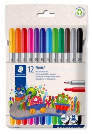 Staedtler Noris 320 Pack de 12 Rotuladores - Doble Punta de Fibra - Trazos 1 y 3mm - Tapa Ventilada - Colores surtidos