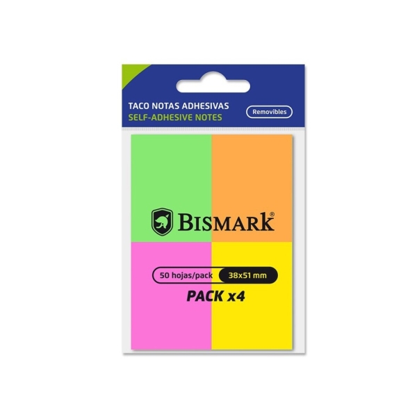 Bismark Pack de 4 Blocs de 50 Notas Adhesivas 38x51mm - 4 Colores Neon