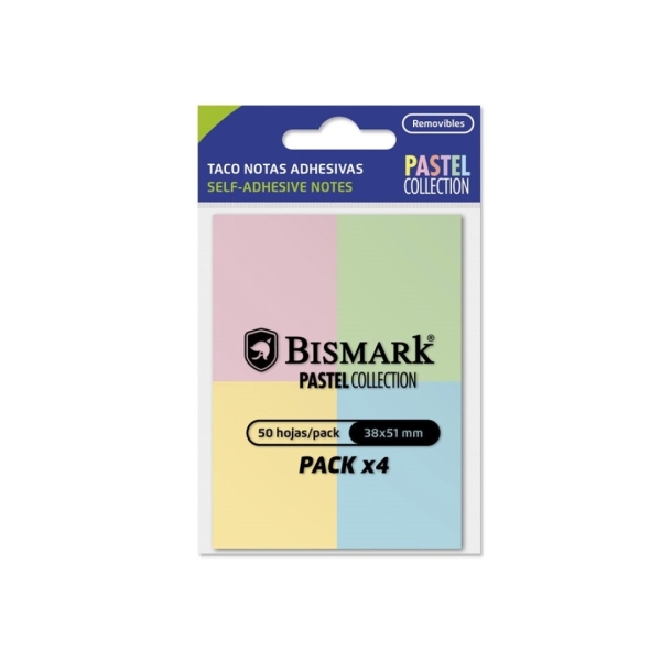 Bismark Pack de 4 Blocs de 50 Notas Adhesivas 38x51mm - 4 Colores Pastel