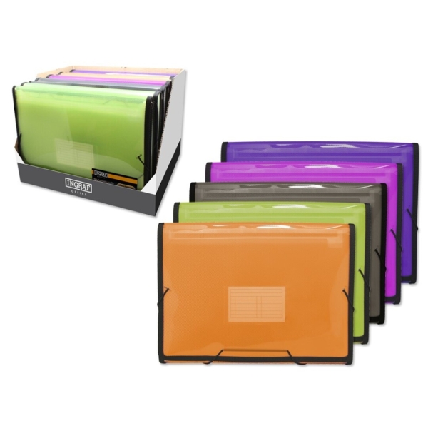 Ingraf Expositor con 10 Carpetas Frame Fuelle 13 Departamentos Tamaño A4 - Polipropileno Translucido - Cierre con Gomas - Colores Surtidos