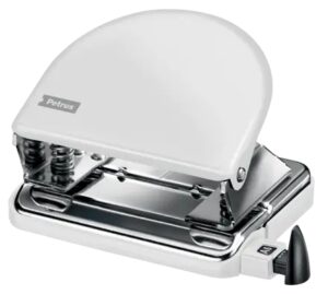 Petrus 52 WOW Taladro Perforador Clasico Metalico - Hasta 20 Hojas - Marcas de Formato - Facil Vaciado - Punzones 5.5mm - Color Blanco Metalizado