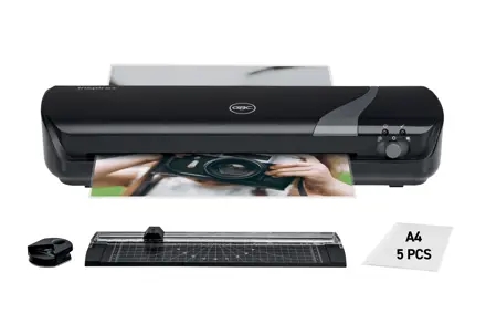 GBC Inspire+ A4 Set de Plastificadora + Recortadora de Esquinas + Cizalla + Paquete de 5 Bolsas de Plastificacion A4 - Hasta Tamaño A4 - Velocidad 250mm/min - Calentamiento en 4 Minutos - Ajuste Adicional Frio - Grueso Bolsa 75 y 125mic - Color Negro