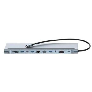 XO 12 en 1 Hub USB-C 3.0 con 2x USB-A 3.0, 2x USB 2.0, 1x HDMI, 1x RJ-45, 1x VGA, 1x USB-C 100W, 1x USB-C Datos y Carga, 1x Audio Mini Jack, 1x Lector MicroSD y 1x Lector SD