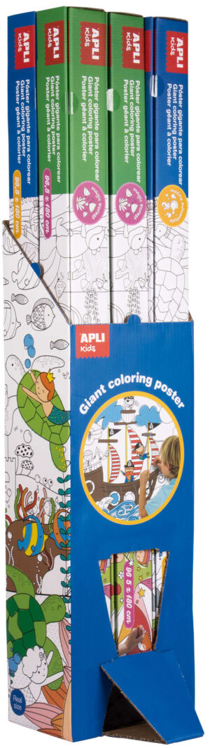 Apli Expositor de Posteres Gigantes para Pintar - Tamaño 180x96.5 mm - 6 Rollos con 2 Modelos: Mundo Marino y Bosque Magico - Ideal para Jugar en Grupo o en Familia - Alto Valor Didactico - Color Blanco y Negro