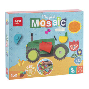 Apli Mosaico Educativo de Madera - 15 Piezas de Diferentes Formas y Colores - 5 Laminas con Diseños - Tamaño de Laminas: 280x180x2mm - Caja con 2 Compartimentos - Color Natural