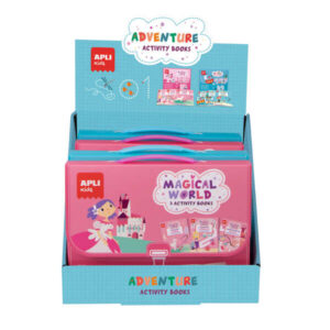 Apli Expositor Activity Books de 6 Unidades - 2 Tematicas: el Mundo Magico y Piratas - 3 Libros con Hojas Plastificadas y Actividades Variadas - Rotulador Reutilizable - Ideal para Actividades Educativas - Color Azul