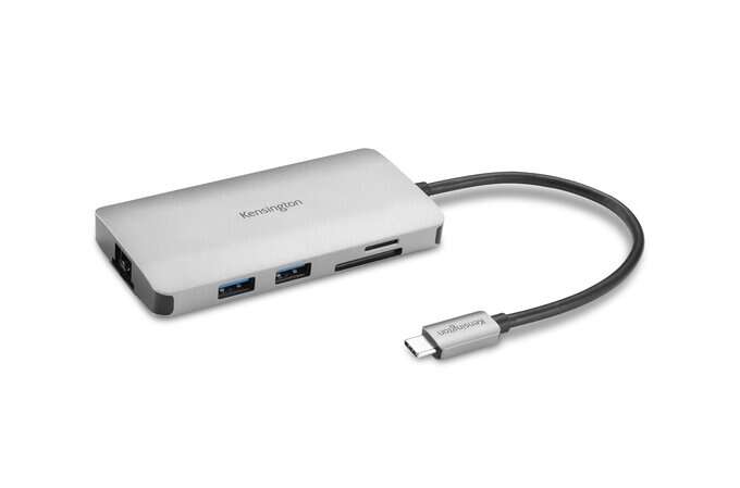 Kensington Hub 8 en 1 Conexion USB-C - Puertos: 3x USB 3.2, 1x USB-C PD hasta 85W, 1x HDMI 2.0, Lector SD y MicroSD - Color Plata