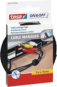 Tesa On & Off Cable Manager Pack de Tira de Velcro 5m x 10mm - Para Organizar Cables - Color Negro