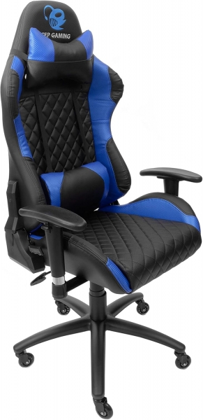 DeepGaming DeepCommand2 Silla Gaming - Reposabrazos - Ruedas de Silicona - Asiento Ergonómico - Cojín Lumbar y Cervical - Base Metal - Color Negro/Azul