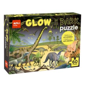 Apli Glow in the Dark Puzzle Fluorescente de 60 Piezas 6x6cm - Tematica Dinosaurios - Efecto Fluorescente que Revela Diseños Ocultos - Poster para Facilitar Montaje - Recomendado para Niños a partir de 4 Años