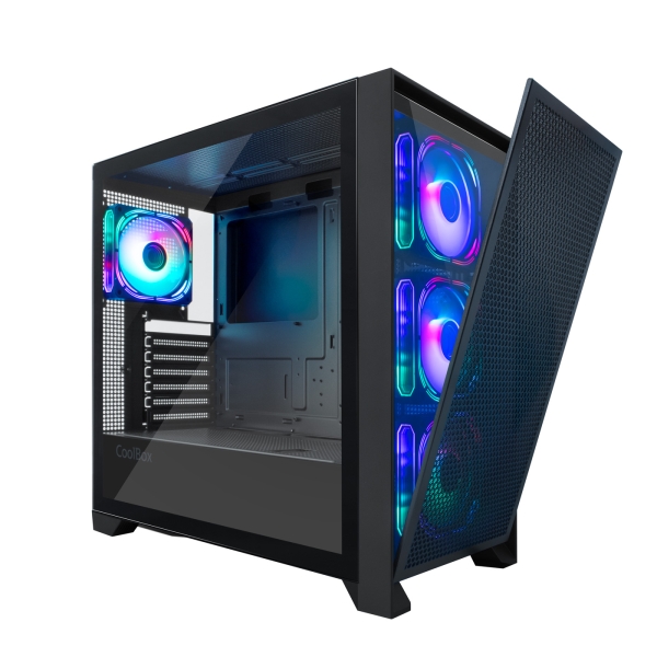Coolbox GE2000 DualView Caja Torre ATX, Micro ATX, Mini-ITX - Frontal Doble Intercambiable - Lateral Cristal Templado - Tamaño HDD 2.5", 3.5" - USB-A 3.0, USB-C y Audio - 4 Ventiladores ARGB 120mm - Soporta Refrigeracion Liquida - Color Negro