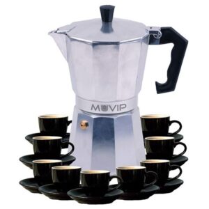 Muvip MV0605 Cafetera de Aluminio - Capacidad 9 Tazas - Mango de Baquelita Termoresistente Ergonomico - Apta para Placas Electricas, Vitroceramicas, Gas e Induccion - Color Aluminio
