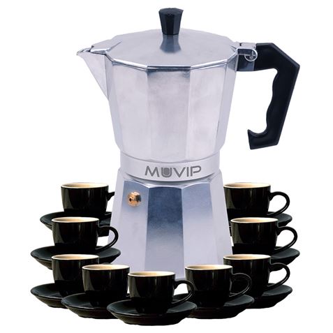 Muvip MV0605 Cafetera de Aluminio - Capacidad 9 Tazas - Mango de Baquelita Termoresistente Ergonomico - Apta para Placas Electricas, Vitroceramicas, Gas e Induccion - Color Aluminio