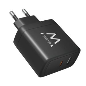 Ewent EW1330 Cargador GaN Universal de Pared 65W Ultrarapido - 1x USB-C PD 3.0 & PPS, 1x USB-A QC 3.0 - Color Negro