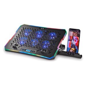 NGS HeroStand Base de Refrigeracion para Portatil Hasta 15.6" - 6 Ventiladores con LED Azul - Pantalla LCD con Botones de Control - Bordes RGB - Soporte para Smarphone - Altura Regulable - Dos Puertos USB - Color Negro
