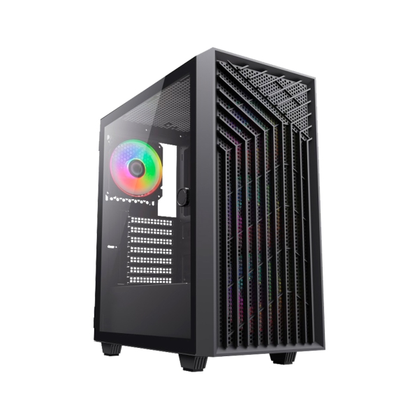 Coolbox GA300 GridLine Caja Torre ATX, Micro ATX, Mini-ITX - Lateral Cristal Templado - Tamaño HDD 2.5", 3.5" - USB-A 3.0, USB-C y Audio - 3 Ventiladores ARGB 120mm - Soporta Refrigeracion Liquida - Color Negro
