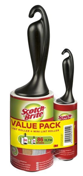 Scotch-Brite Everyday Clean Rodillo Quitapelusas Adhesivo - 56 Hojas - Incluye Rodillo Mini para Uso Diario de 30 Hojas - Color Negro
