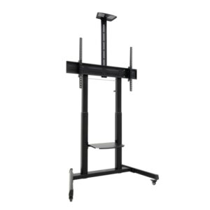Tooq Aquiles Soporte de Suelo para Pantallas Interactivas/TV de 60 a 100" - Bandeja Multiusos - Peso Max. 120kg - Altura e Inclinacion Ajustables - Elevacion con Manivela - Ruedas - Color Negro