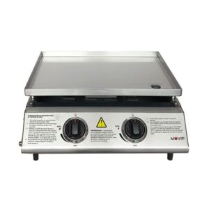 Muvip Plancha de Asar de Gas - 2 Quemadores - Panel de Control y Plancha de Acero - Bandeja Recoge Grasas - Llama Regulable - Superficie Antiadherente