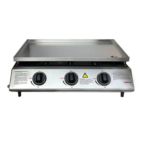 Muvip Plancha de Asar de Gas - 3 Quemadores - Panel de Control y Plancha de Acero - Bandeja Recoge Grasas - Llama Regulable - Superficie Antiadherente