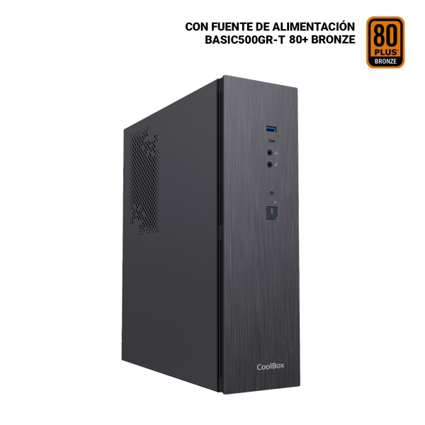 Coolbox T370 Slim Caja Torre MicroATX - Tamaño Disco Soportado 2.5" - USB-A 3.2 Gen1, USB-C 3.2 Gen1 y Audio HD - Fuente de Alimentacion 500W - Color Negro