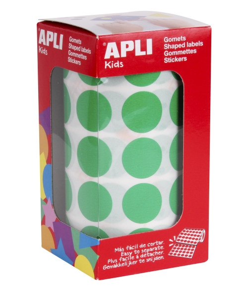Apli Rollo de 1.770 Gomets Redondos Ø 20mm - Adhesivo Permanente con Base de Agua - Libre de Disolventes - Color Verde
