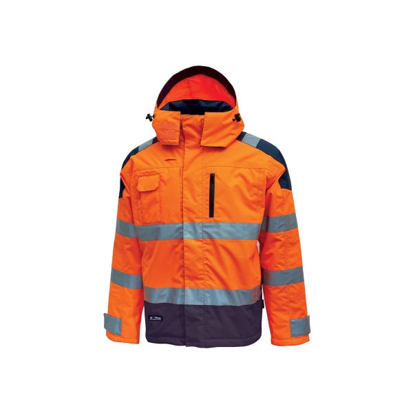 Upower Defender Parka Anti-Lluvia Impermeable y Transpirable - Talla 2XL - Rayas Reflectantes, Multiples Bolsillos Espaciosos, Capucha Ajustable y Desmontable, Proteccion DPI3 - Color Naranja Fluorescente