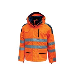 Upower Backer Parka Impermeable y Transpirable - Talla 2XL - Detalles Reflectantes, Multiples Bolsillos, Capucha Desmontable, Interior Termico, Proteccion DPI3, Tecnologia Free Sound - Color Naranja Fluorescente