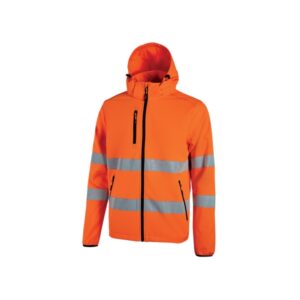 Upower Cursa Chaqueta de Trabajo Softshell - Talla 2XL - Transpirable, Cortavientos, Repelente al Agua, Bandas Reflectantes, Capucha Desmontable, Multiples Bolsillos, Puños Elasticos - Color Naranja Fluorescente