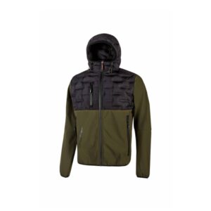 Upower Spock Chaqueta Hibrida Transpirable y Antiviento - Talla 2XL - Cremallera Impermeable, Capucha Ajustable, Plumon Acolchado sin Costuras, Bolsillos Fluorescentes, Proteccion DPI1 - Color Verde Oscuro