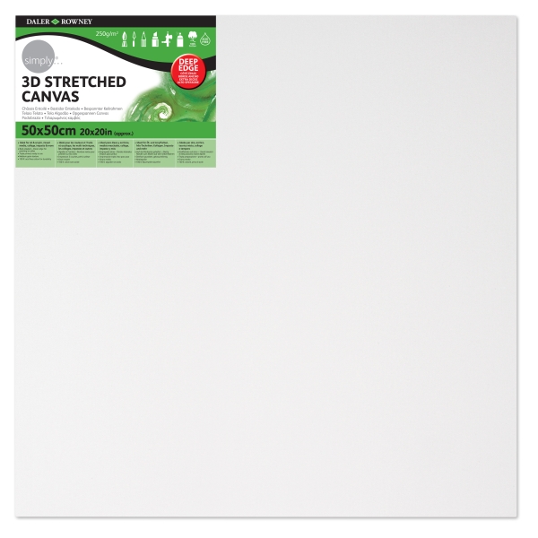 Daler Rowney Simply Bastidor Entelado 3D - 50x50cm - Imprimacion Triple - Grano Medio - 100% Algodon sin Acido - 250g - Color Blanco