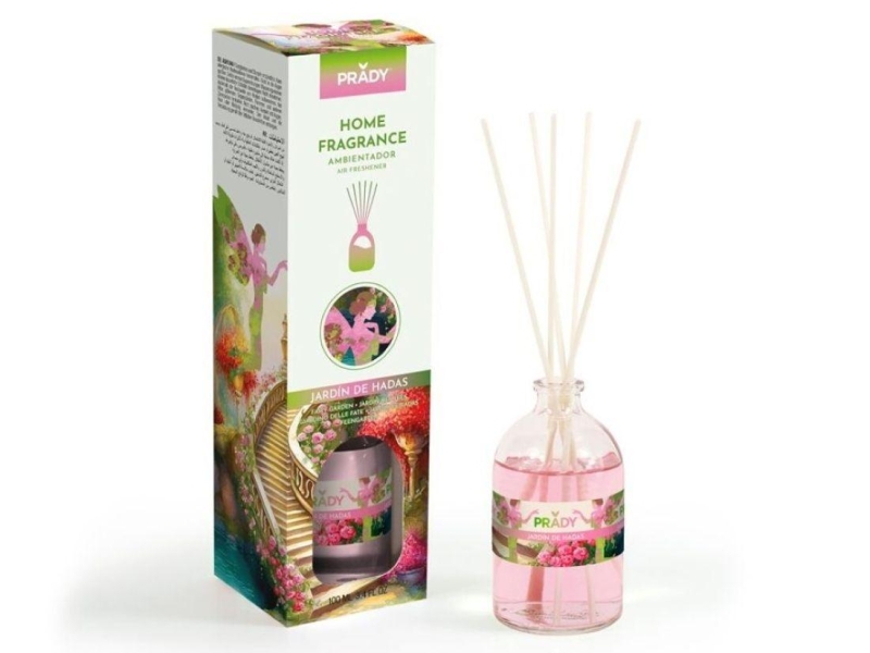 Prady Ambientador Mikado Jardin de Hadas - Frasco de Cristal 100 ml y Varitas Difusoras