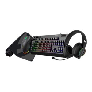 Unykach Pack Gaming NOVA 4in1 USB Teclado Multimedia + Raton 7200dpi + Auriculares con Microfono + Alfombrilla XL - Teclado Portugués - Color Negro