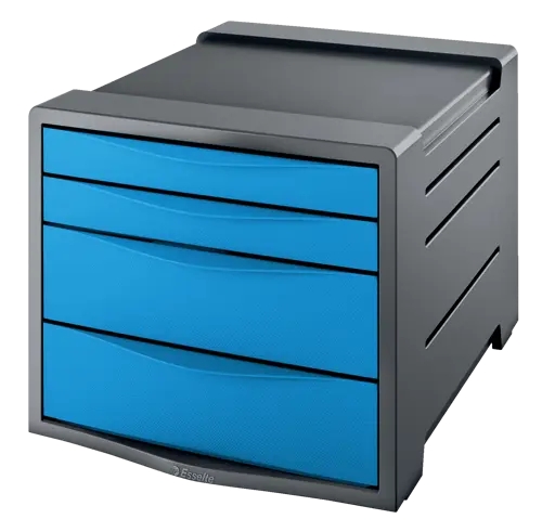 Esselte Europost Vivida Buc de 4 Cajones - 2 Medidas de Cajon - Deslizamiento Suave - Base con Goma Antideslizante - Color Gris/Azul