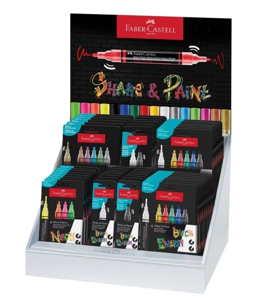 Faber-Castell Shake & Paint Black Edition Expositor con 36 Estuches Surtidos de Rotuladores Acrilicos Doble Punta - Puntas Redondas de 1mm y 3mm - Tinta Acrilica al Agua - Colores Surtidos