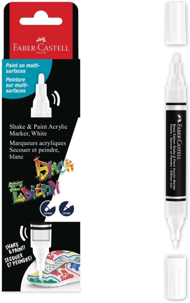Faber-Castell Shake & Paint Black Edition Rotulador Acrilico Doble Punta - Puntas Redondas de 1mm y 3mm - Tinta Acrilica al Agua - Color Blanco