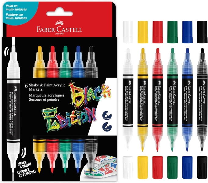 Faber-Castell Shake & Paint Black Edition Pack de 6 Rotuladores Acrilicos Doble Punta - Puntas Redondas de 1mm y 3mm - Tinta Acrilica al Agua - Color Clasicos Surtidos
