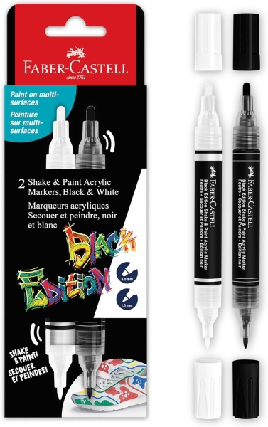 Faber-Castell Shake & Paint Black Edition Pack de 2 Rotuladores Acrilicos Doble Punta - Puntas Redondas de 1mm y 3mm - Tinta Acrilica al Agua - Colores Negro y Blanco