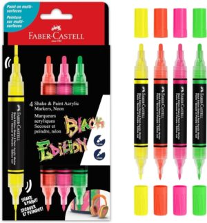 Faber-Castell Shake & Paint Black Edition Pack de 4 Rotuladores Acrilicos Doble Punta - Puntas Redondas de 1mm y 3mm - Tinta Acrilica al Agua - Colores Neon Surtidos