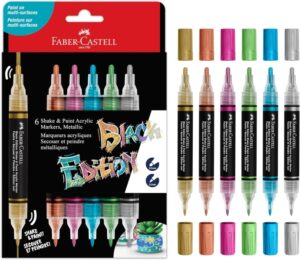 Faber-Castell Shake & Paint Black Edition Pack de 6 Rotuladores Acrilicos Doble Punta - Puntas Redondas de 1mm y 3mm - Tinta Acrilica al Agua - Colores Metalicos Surtidos