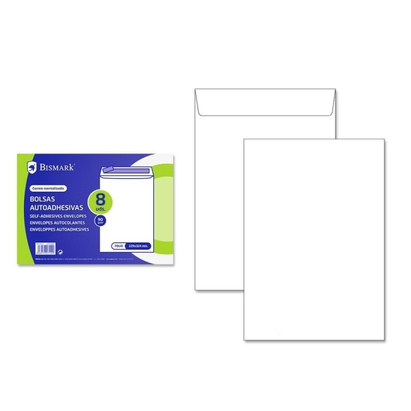 Bismark Pack de 8 Sobres de Papel 90gr - Medidas 162x229mm - Cierre Autoadhesivo - Color Blanco